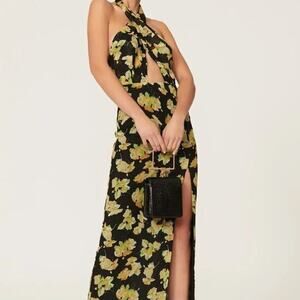 De La Vali Floral Black/Yellow Floral Dress UK 8 US4 MIDI halter open front Rita